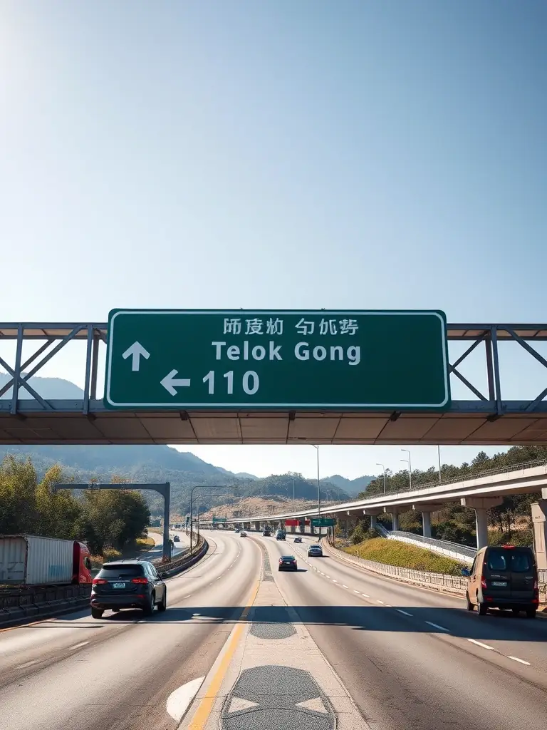 A modern, well-maintained highway interchange sign pointing towards Telok Gong, emphasizing the area's accessibility for logistics and transportation related to FactoryFocus.