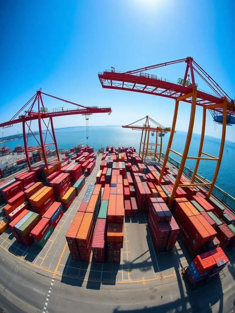 A wide-angle shot of the Port Klang container terminal, showcasing its proximity to Telok Gong and the logistical advantages for FactoryFocus.