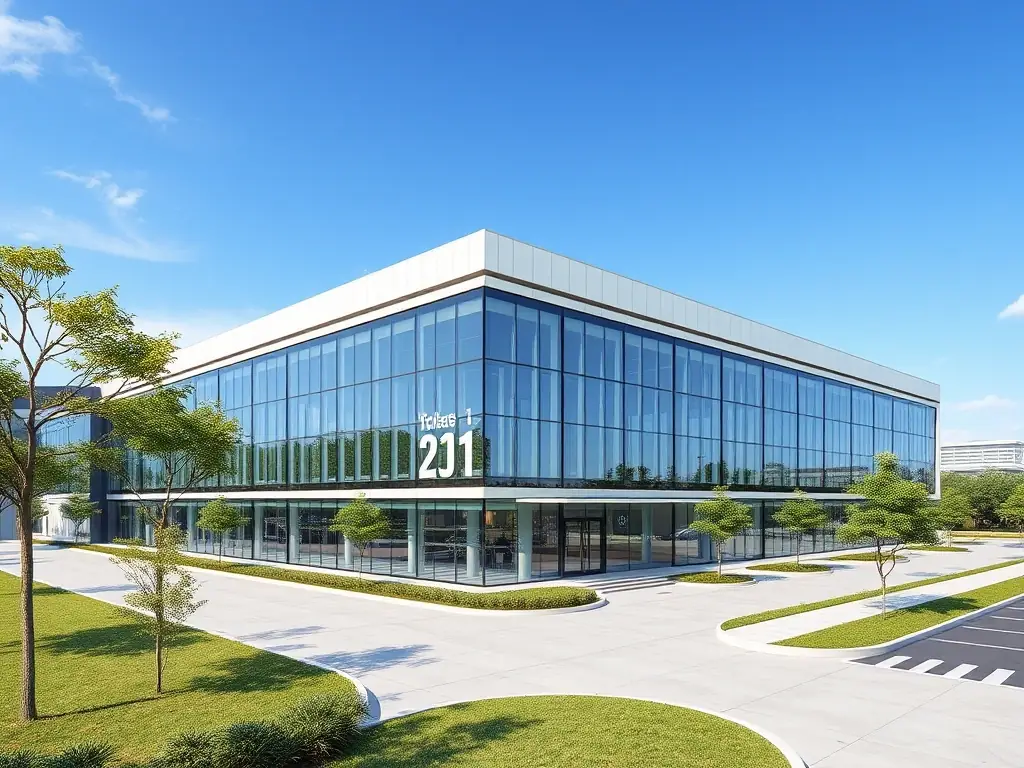 A detailed architectural rendering showcasing the exterior of a modern factory unit in Telok Gong, emphasizing its sleek design and functional layout.