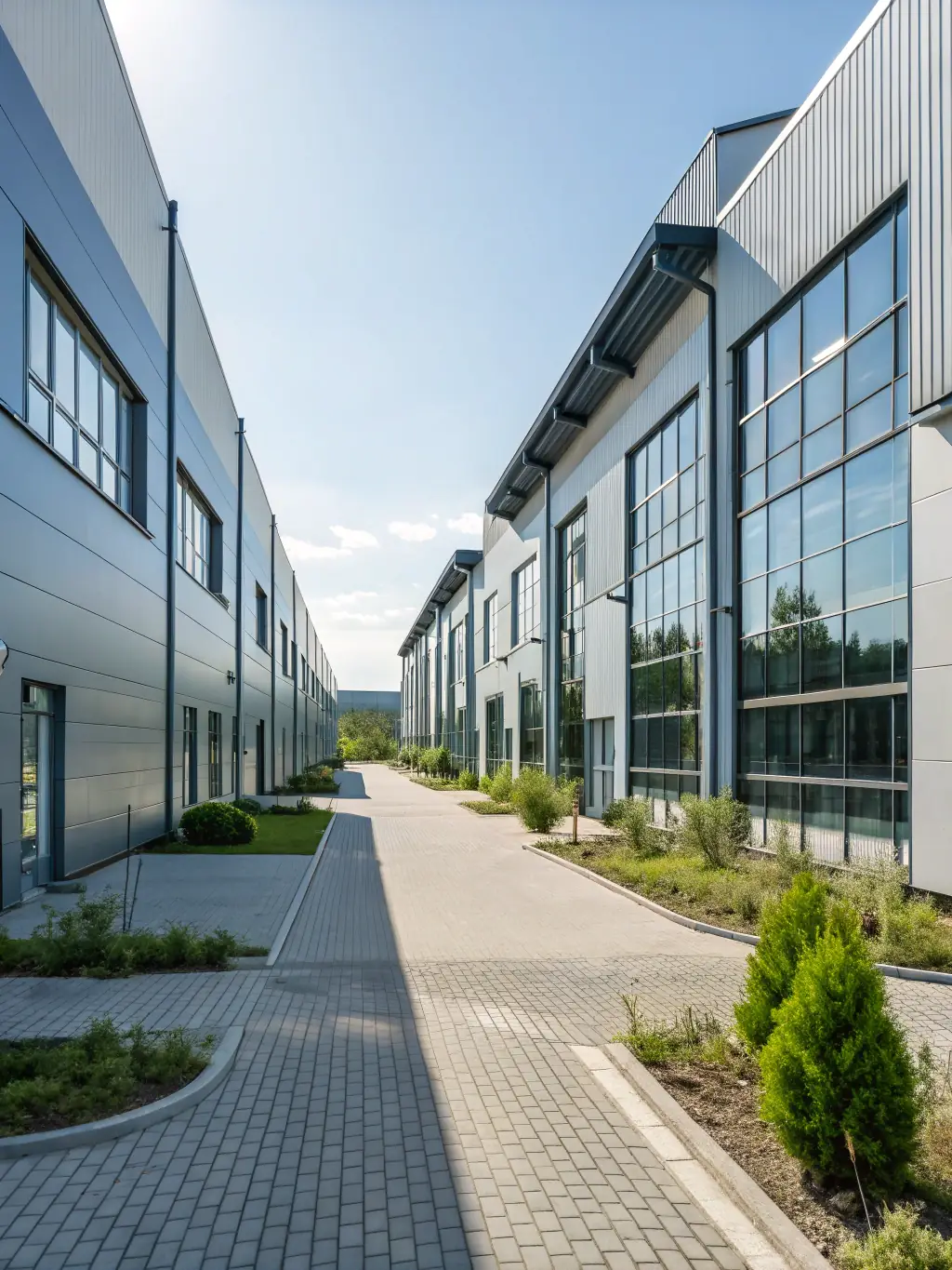 A clean and modern industrial park with visible utility infrastructure (power lines, water pipes) demonstrating reliable services for FactoryFocus.