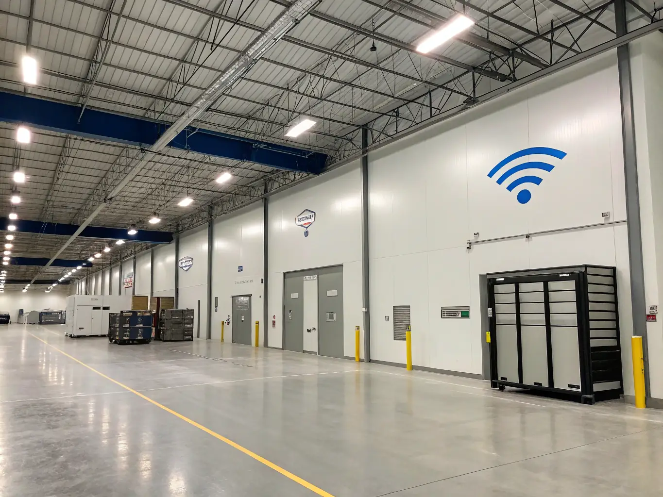 An interior view of a factory unit, highlighting the advanced amenities such as high-speed internet, climate control, and security systems.