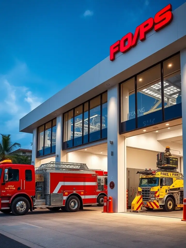 A modern fire station with emergency vehicles, symbolizing the safety and security measures in place for the FactoryFocus development.