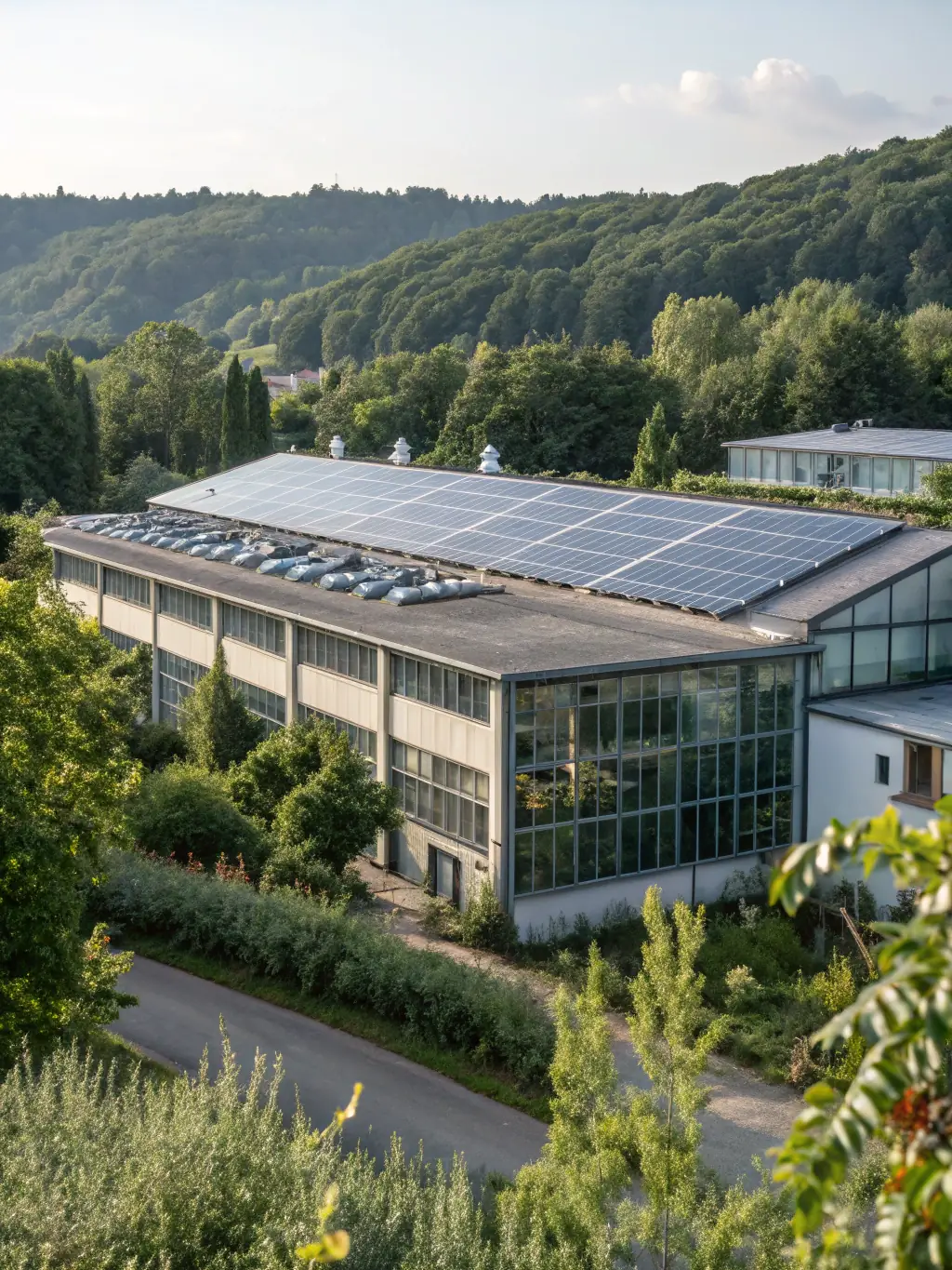 A modern industrial factory unit with solar panels on the roof, showcasing sustainable investment in FactoryFocus.